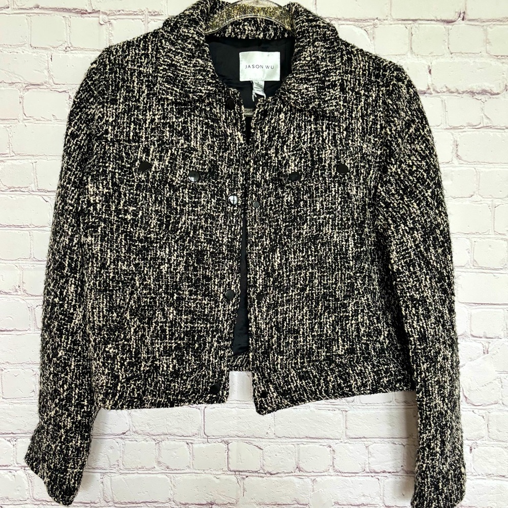 JASON WU Long Sleeve Tweed Collared Cropped Snap Front Blazer Jacket--NWT--2 - Picture 6 of 16